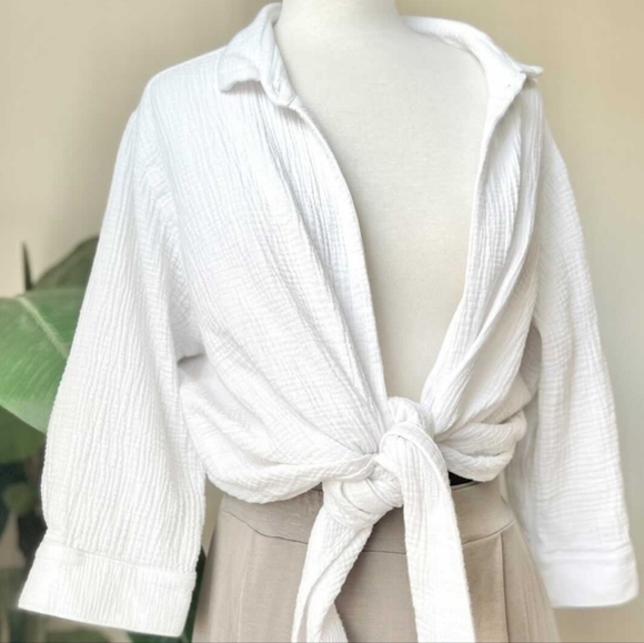 Comfy USA White Gauze Top Crepe Tie Front Blouse Vacation Beach Cotton Casual L - Picture 2 of 16